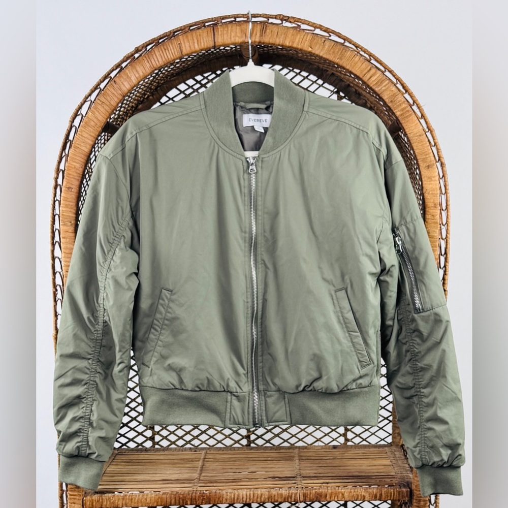 Evereve Flight Bomber Jacket Olive Green Nylon Zip Sleeve Pocket XS Rib Trim - Picture 2 of 5